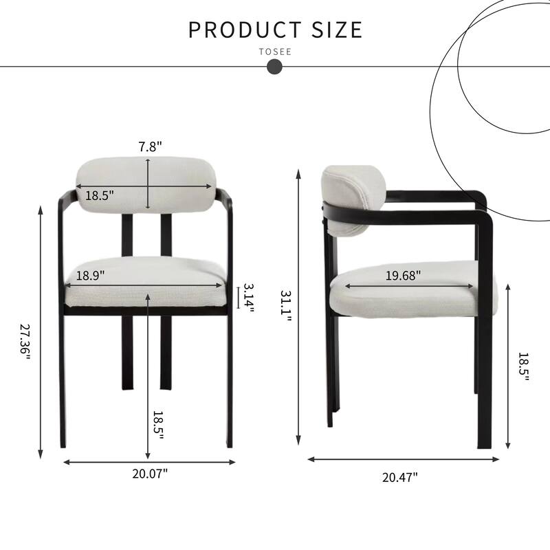 Mid-Century Modern Dining Chairs Set of 2 - Boucle Upholstered Seats with Black Metal Legs‌