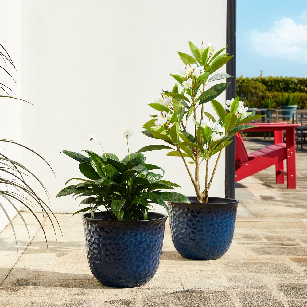 Glitzhome Honeycomb Textured Blue Green Faux Ceramic Pot Plastic Planter(Set of 2 / Set of 3)