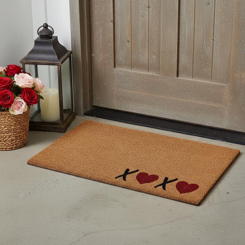 HomeRoots 17" X 29" Black Brown And Red Heart XOXO Outdoor Coir Door Mat - 17.00' X '29.00 - 17.00' X '29.00