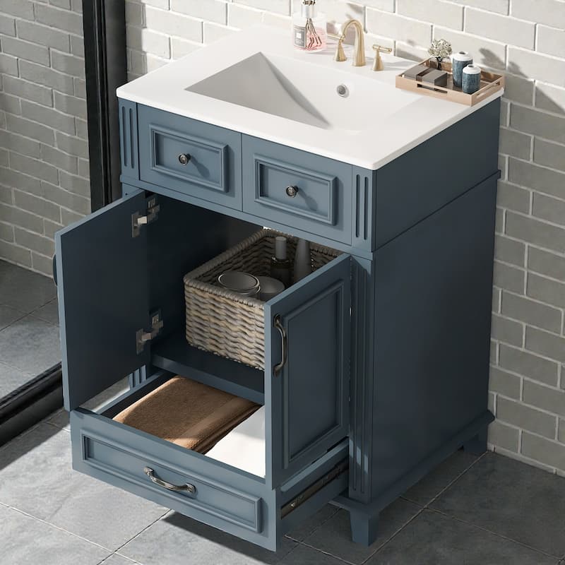 24 Inch Bathroom Vanity with Ceramic Sink, Solid Wood Frame, Soft Close Doors and Drawer, Retro Bathroom Cabinet