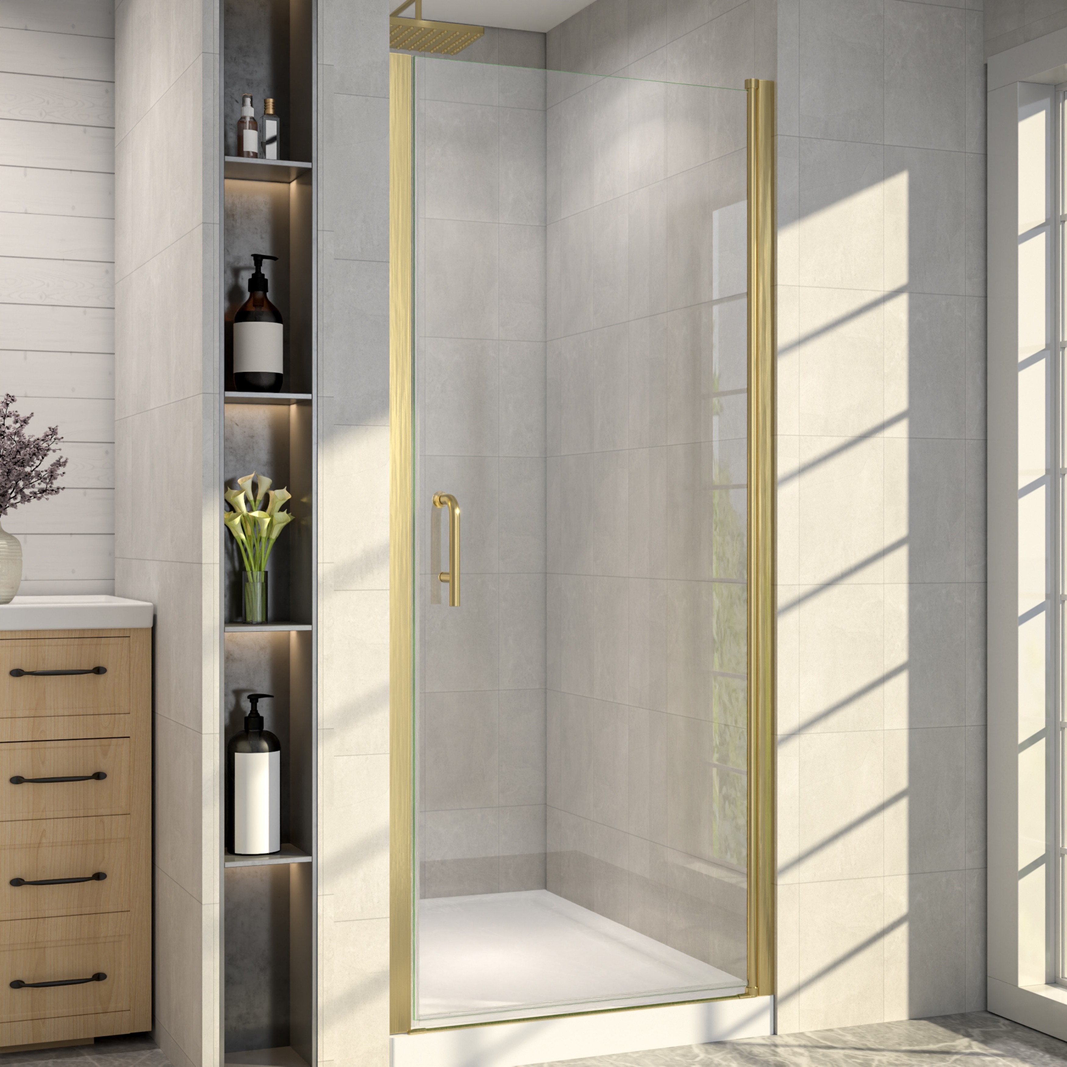 Modland 32 in. W x 72 in. H Semi-Frameless Pivot Shower Door with 1/4" Clear Tempered Glass Stainless Steel Handle
