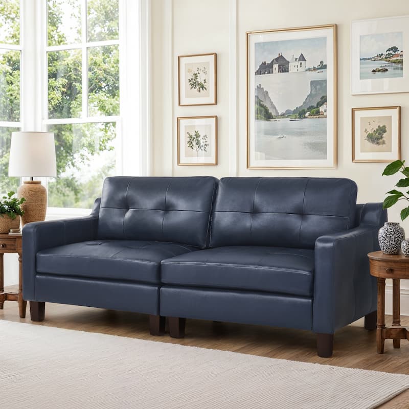 3-Seater Genuine Leather Tufted Sofa for Living Room - Navy