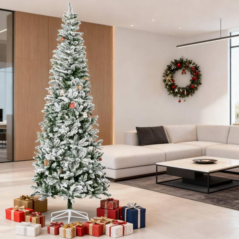 Artificial Christmas Tree,Snow-Flocked Slim Pine Artificial Christmas Tree with Realistic Branches and 1084 Tips - Green - Green