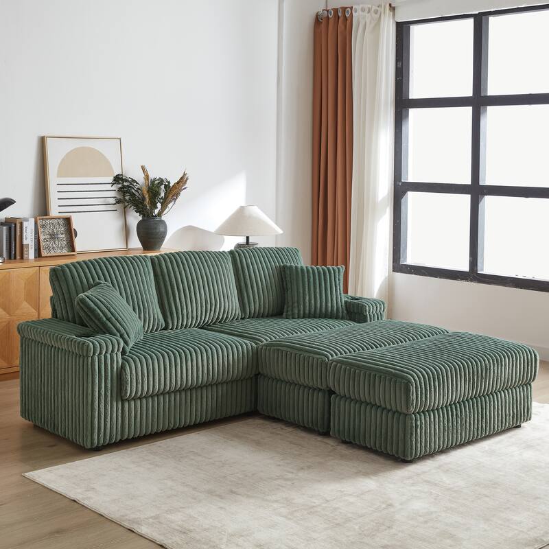 Anmytek 84 Inch Corduroy 3-Seater Comfy Deep Seat Sofa for Living Room with Storage Cup Holders Ottomans and Pillows