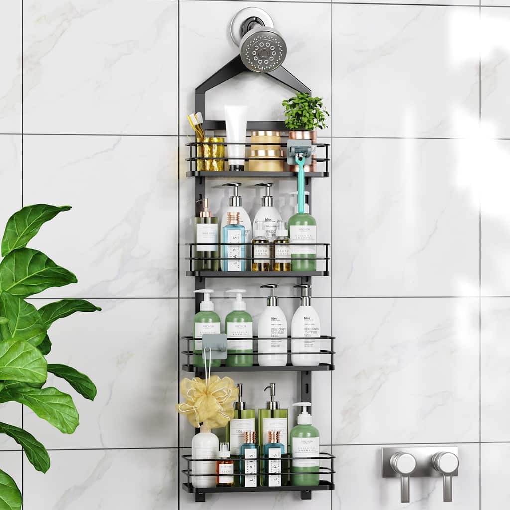 Shower Caddy Organizer Over Head Anti-Swing Hanging Bathroom Shelves Basket Rack Rustproof (Black, 11.96" x 4.84" x 39") - Black