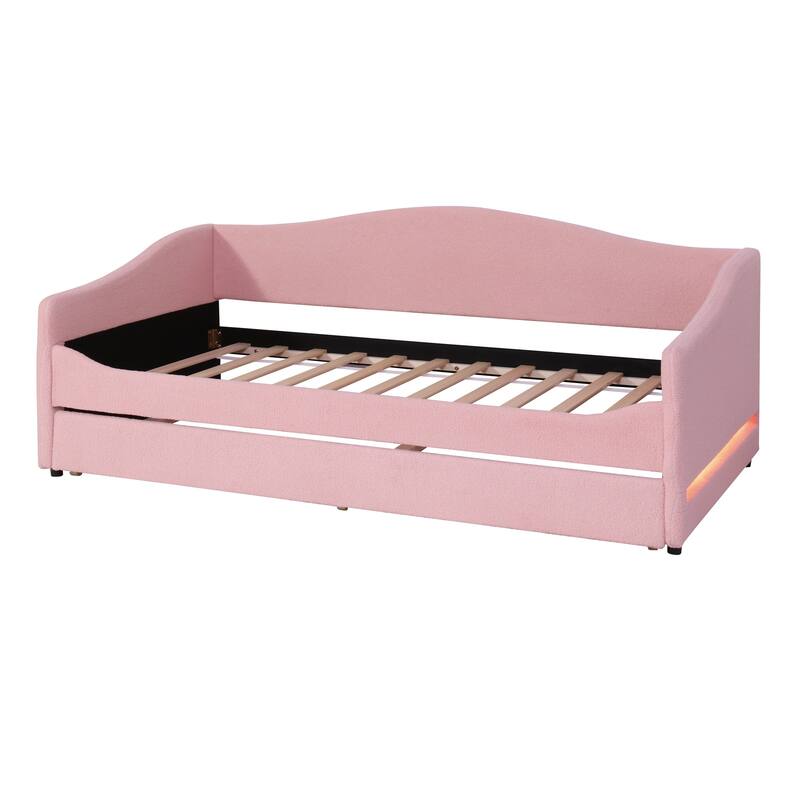 Twin Size Curve Design Daybed Comfort & Soft Teddy Fleece Upholstered Daybed with LED Light & Trundle Bed, Wood Slat Support