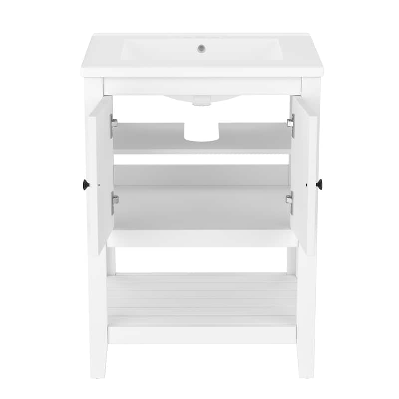 24" White Modern Sleek Bathroom Vanity Elegant Ceramic Sink with Solid Wood Frame Open Style Shelf