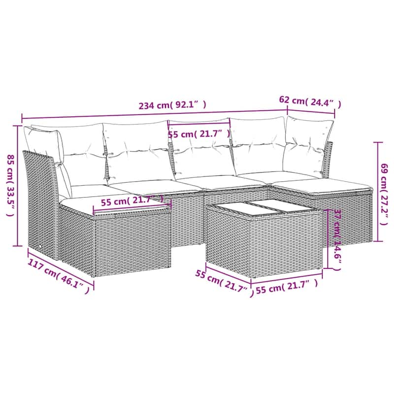 vidaXL 6 Piece Patio Sofa Set with Cushions Black Poly Rattan