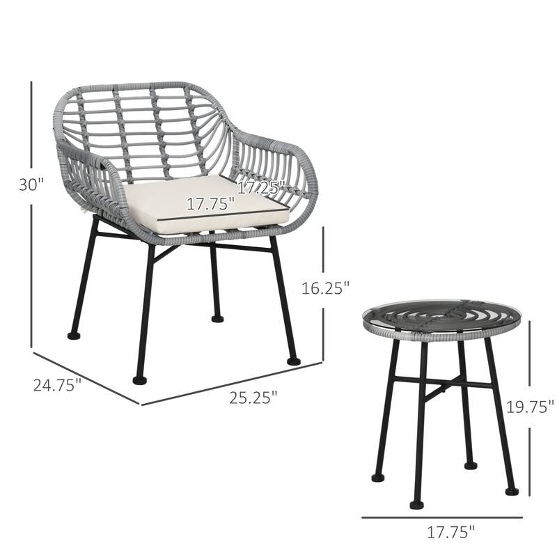 3 Piece Patio Set, Outdoor Bistro Furniture, PE Rattan Wicker Table and Chairs, Cushioned, Hand Woven, Modern Look with