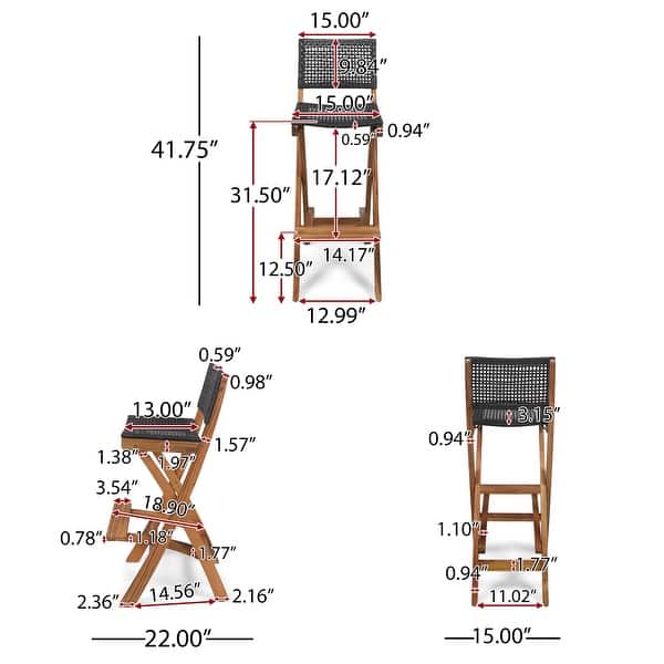 dimension image slide 2 of 5, Polaris Outdoor 26" Square 3 Piece Wood and Wicker Bar Height Set by Christopher Knight Home