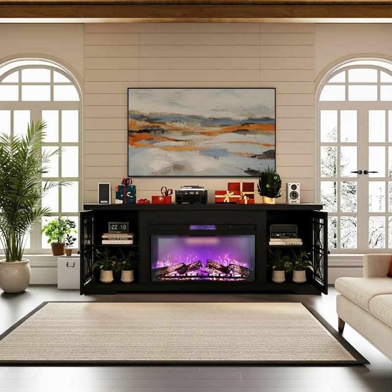 70" Fireplace TV Stand with 36" Remote, Up to 80" - Black