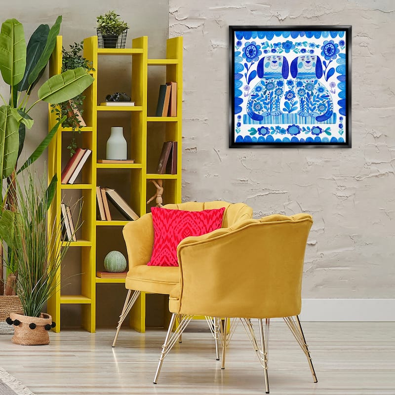 Stupell Blue Folk Style Puppies Framed Floater Canvas Wall Art Design By Kay Widdowson