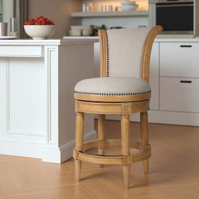 HomeRoots 25" Beige and Natural Fabric and Solid Wood Counter Height Swivel Bar Chair