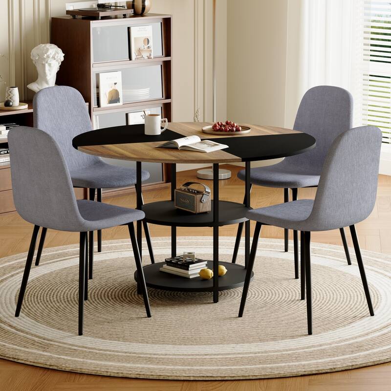 5-piece Natural and Black Spliced Round Dining Table Set with Double-Layer Storage Shelf, Anti-Slip Feet