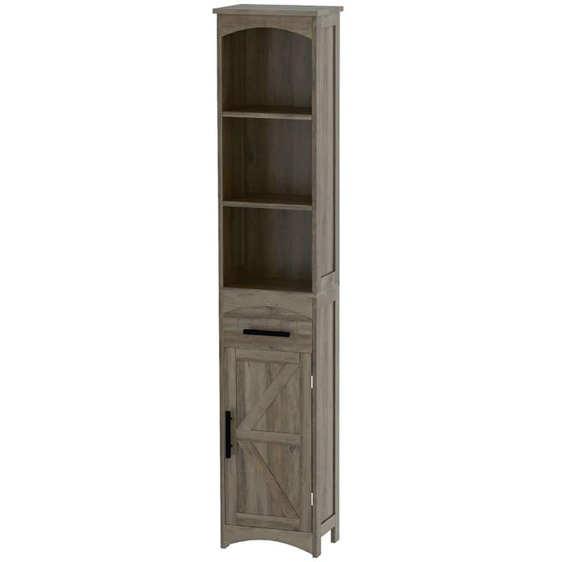 Weathered Grey Oak MDF Tall Bathroom Cabinet with Barn Door and Drawer - 13.4" L x 9.4" W x 66.9" H - Weathered Grey Oak