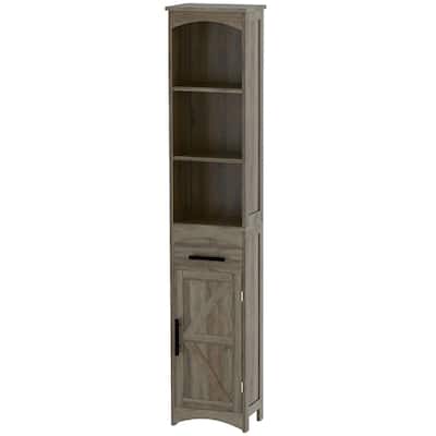 Weathered Grey Oak MDF Tall Bathroom Cabinet with Barn Door and Drawer - 13.4" L x 9.4" W x 66.9" H