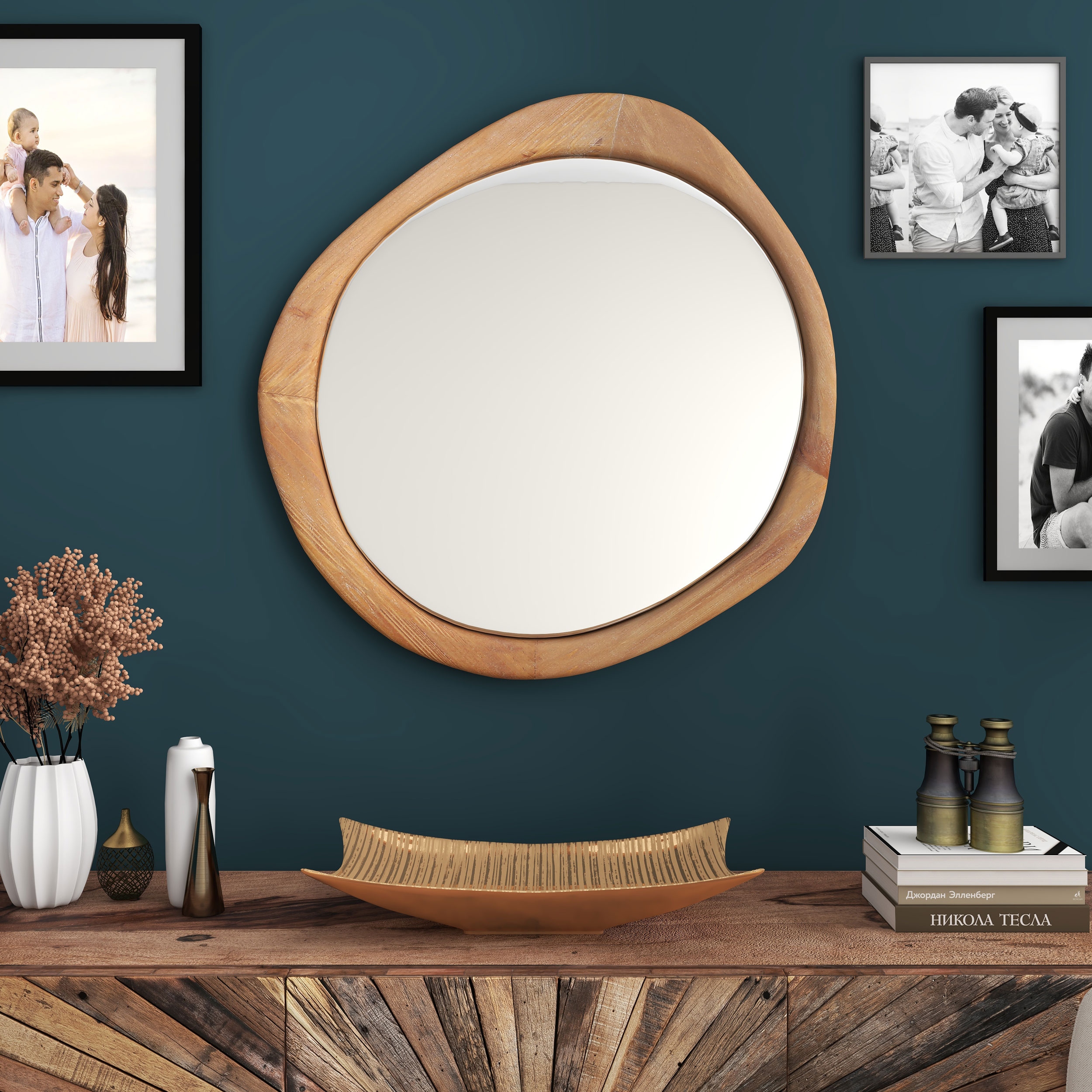 Round wood shop frame mirror
