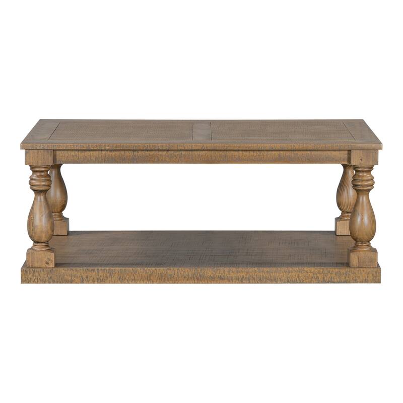 2-Tier Storage Coffee Tables with Vase Column Legs,Antique Wood Coffee Table Farmhouse 45" Rectangular Center Table