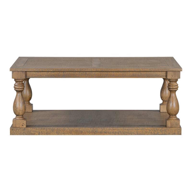 Rustic Solid Wood Floor Shelf Coffee Table with Storage - Walnut
