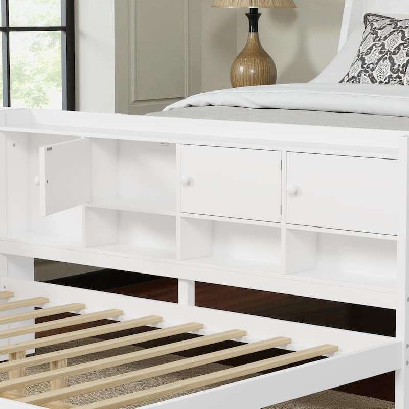 Wooden L-Shaped Daybed with Study Desk, Bookshelf, 7 Storage Cabinets and 2 Drawers, Multi-Functional Space-Saving Bed