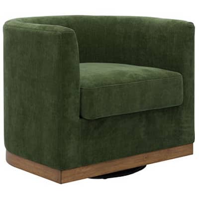 Swivel Accent Chair, Green Cushioned Fabric, Barrel Style, Brown Wood Base