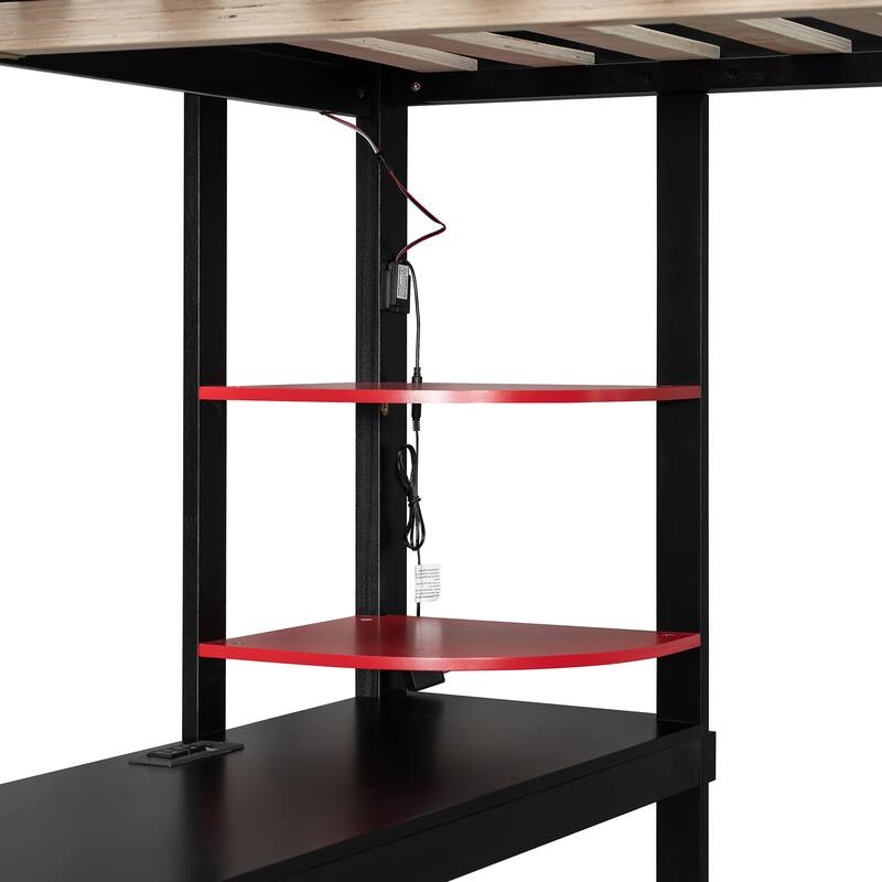 Full Size Wood Loft Bed with Desk, Open Wardrobe and RGB Light