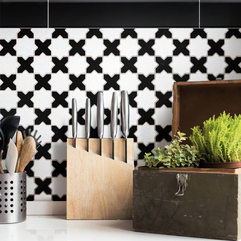 Merola Tile Metro 2" Star Matte White with Matte Black Cross 11-7/8" x 11-7/8" Porcelain Floor and Wall Tile - Case (10 Tiles)