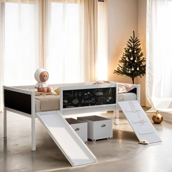 slide 2 of 16, Twin size Loft Bed Wood Bed with 2 Storage Boxes,Pine Wood Frame & Double-sided Chalkboard Loft Bed,White White