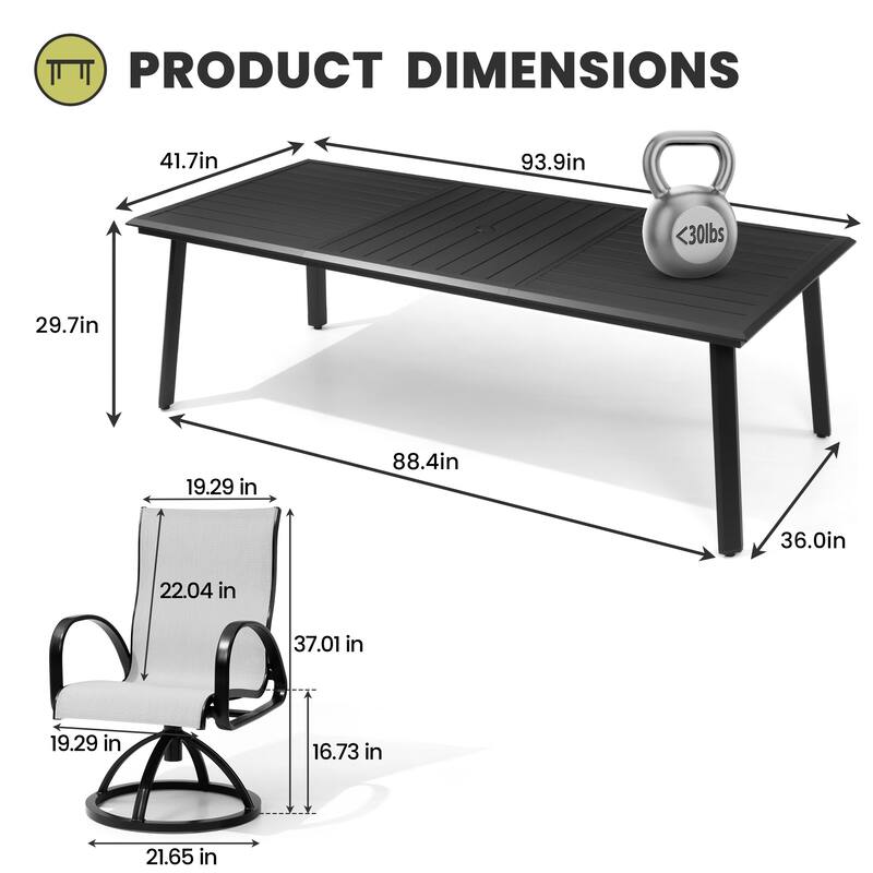 7/9-Piece Patio Dining Set Sunbrella Swivel Chairs and Aluminum Dining Table with Umbrella Hole