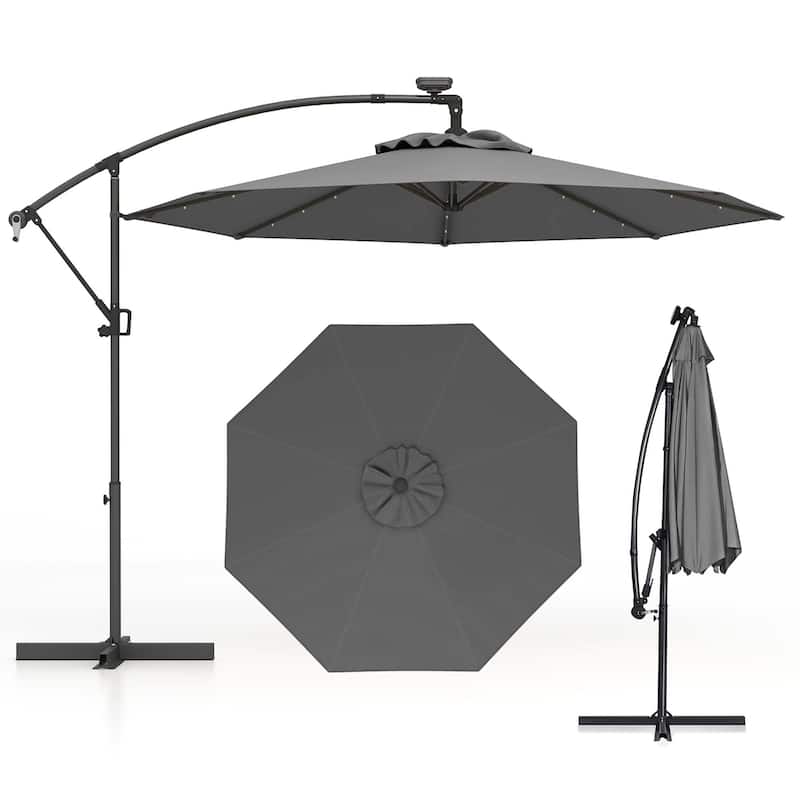 Costway 10FT Patio Offset Umbrella Solar Powered LED 360degrees - Gray