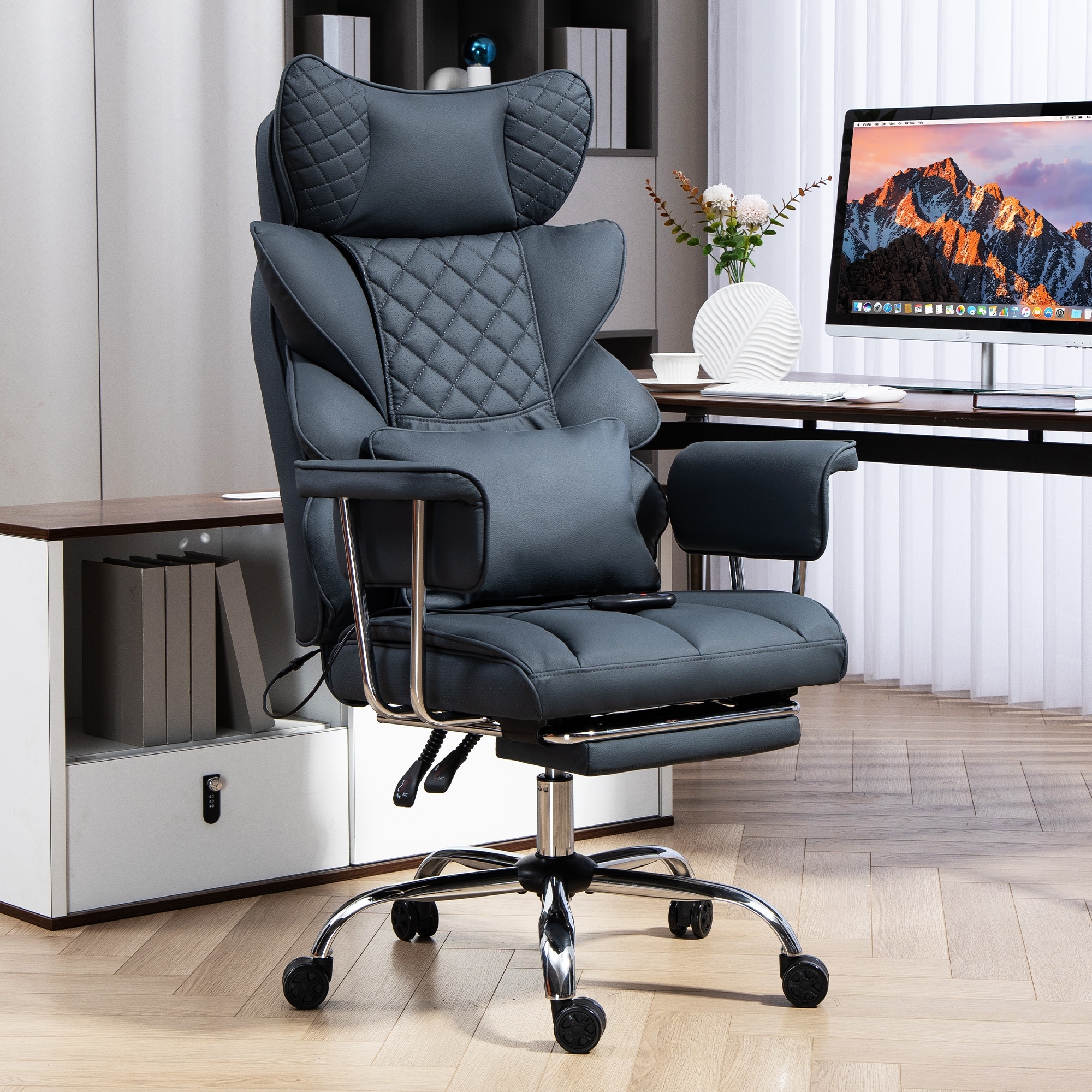 8-Point Massage Gaming Chair, Ergonomic Office Chair, High Back Executive Recliner, Retractable Footrest and PU Leather