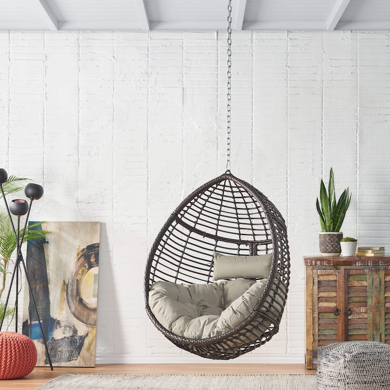 Rattan Egg Chair Teardrop Hanging Basket Chair with Water-Resistant Tufted Cushion & Suspension Chain Wicker Swing Chair