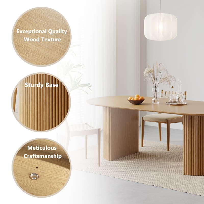 Modern Oval Wooden Dining Table - 79" Large Size, Sturdy Fluted Base, Natural Oak Finish for Dining Room