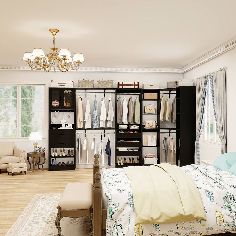 100" × 100" Closet System With Door and Wooden Drawers, Closet Organizer with 5 Hanging Rods and 20 Storage Shelves