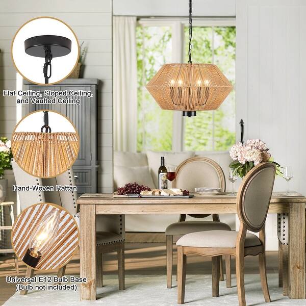 Haolaike Boho 20 Inch Rattan Flush Mount Ceiling Light Flower Light Fixtures Handwoven Lampshade Ceiling Lamp Fixture for Bedroom Kitchen Island Dining Room Living Room