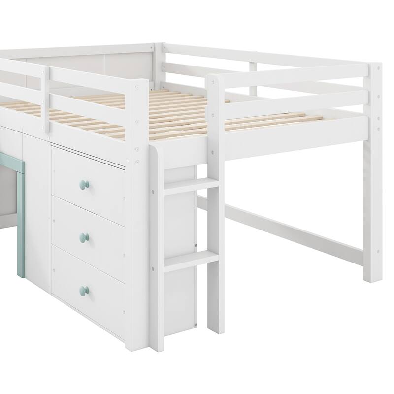 Full Size Low Loft Bed With Slide,3 Storage Drawers And Two Doors