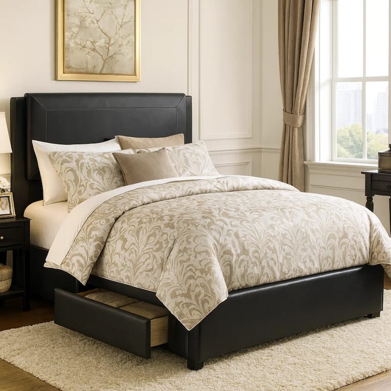 Pine Wood/ Bonded Leather Queen Size Bed in Black