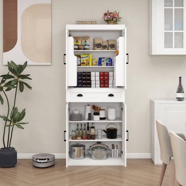 Buffet Cabinet With Doors & 2 Adjustable Shelves, White & Natural