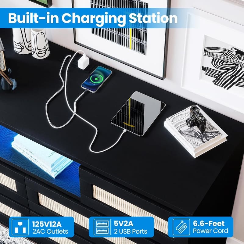 Natural Rattan Dresser for Bedroom with LED Light and Charging Station