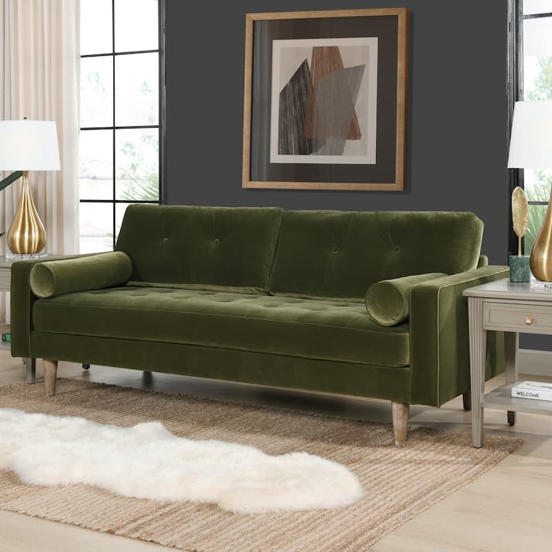 Nicholas 83.5" Mid-century Modern Fabric Tufted Loose Pillow Back Sofa - Olive Green Performance Velvet