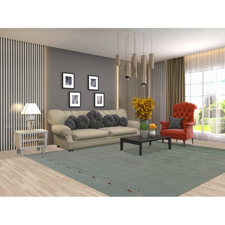 Aqua Green Gabbeh Oriental Area Rug Hand-Knotted Wool Carpet - 8'3" x 9'11"