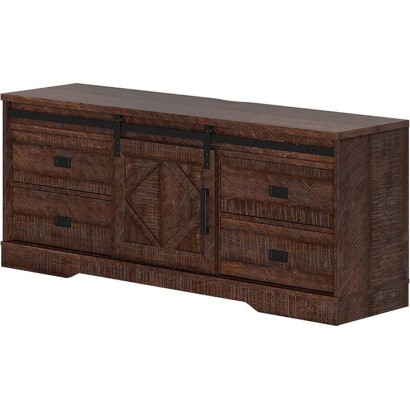 WAMPAT Farmhouse TV Stand with Sliding Barn Door for Living Room