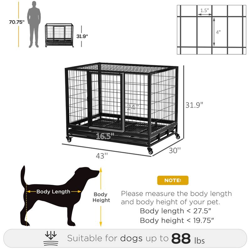 Black Metal Dog Crate with Front and Top Access Slide-Out Tray and Lockable Rolling Wheels