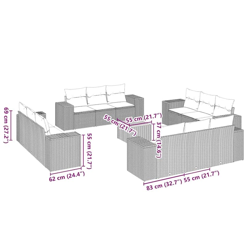 vidaXL Patio Sofa Set with Cushions Outdoor Furniture 13 Piece Poly Rattan - 21.7 x 24.4 x 27.2