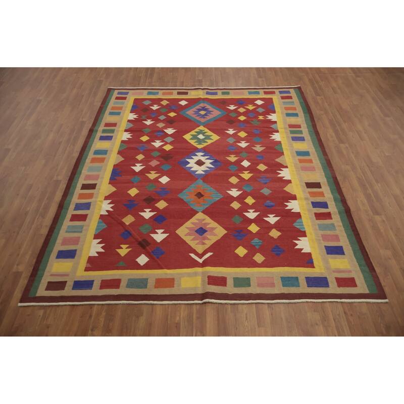 Hand Woven Oriental 100% Wool Carpet Southwestern Tribal Red Kilim Area Rug - 9' 10'' X 8' 3''