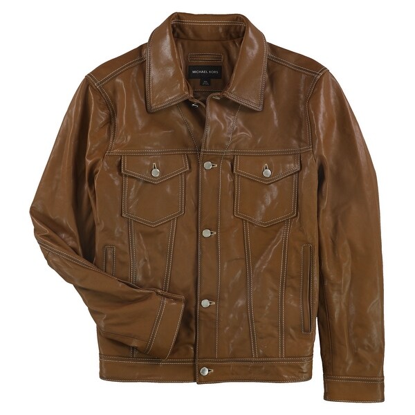 Michael Kors Mens Burnished Leather Jacket,, Brown, XX-Large - Bed