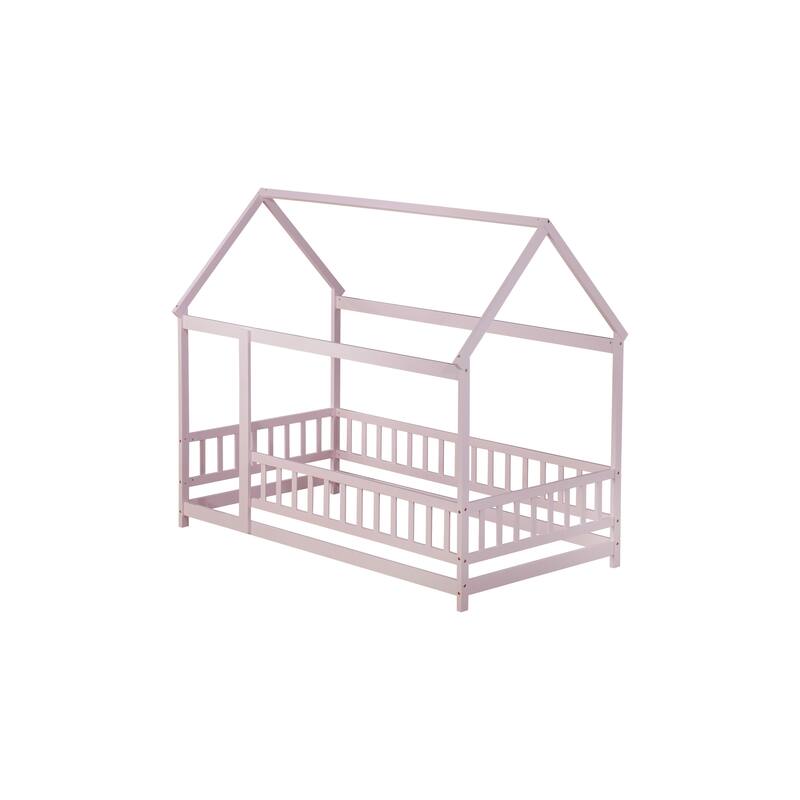 Twin Size Wooden Floor Bed with Roof Frame and Safety Guardrails, Pink