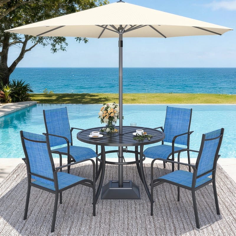 Patio Dining Set, Outdoor Dining Table and Chairs Set with Textilene Chairs, Adjustable Umbrella Hole for Garden, Backyard - 5 Piece-Round - Blue