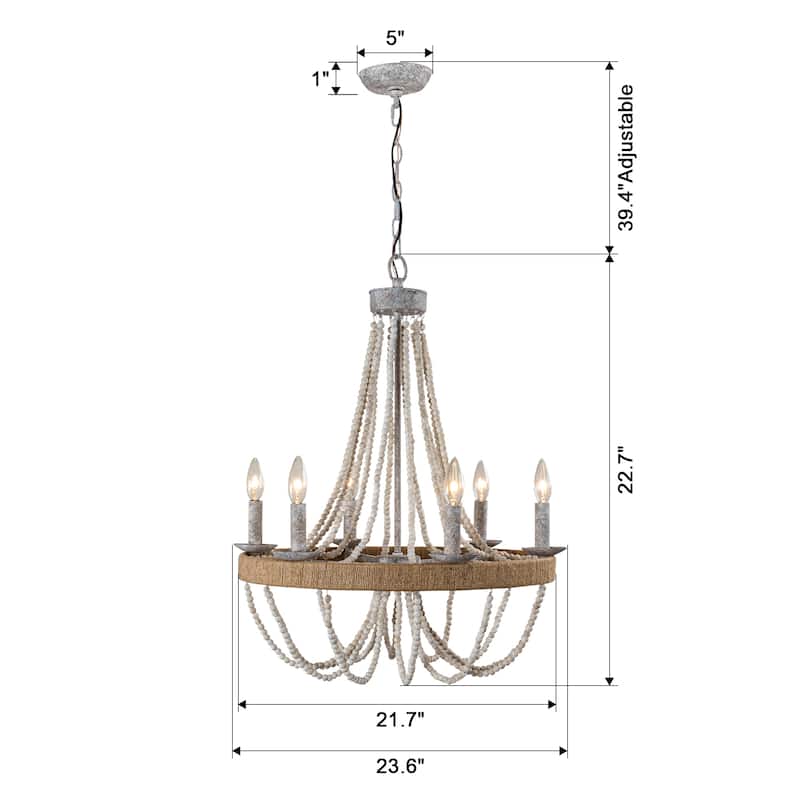 23.6" Farmhouse 6-Light Wood Bead Hemp Ropes Candle Chandelier - 23.6" L x 23.6" W x 22.7" H