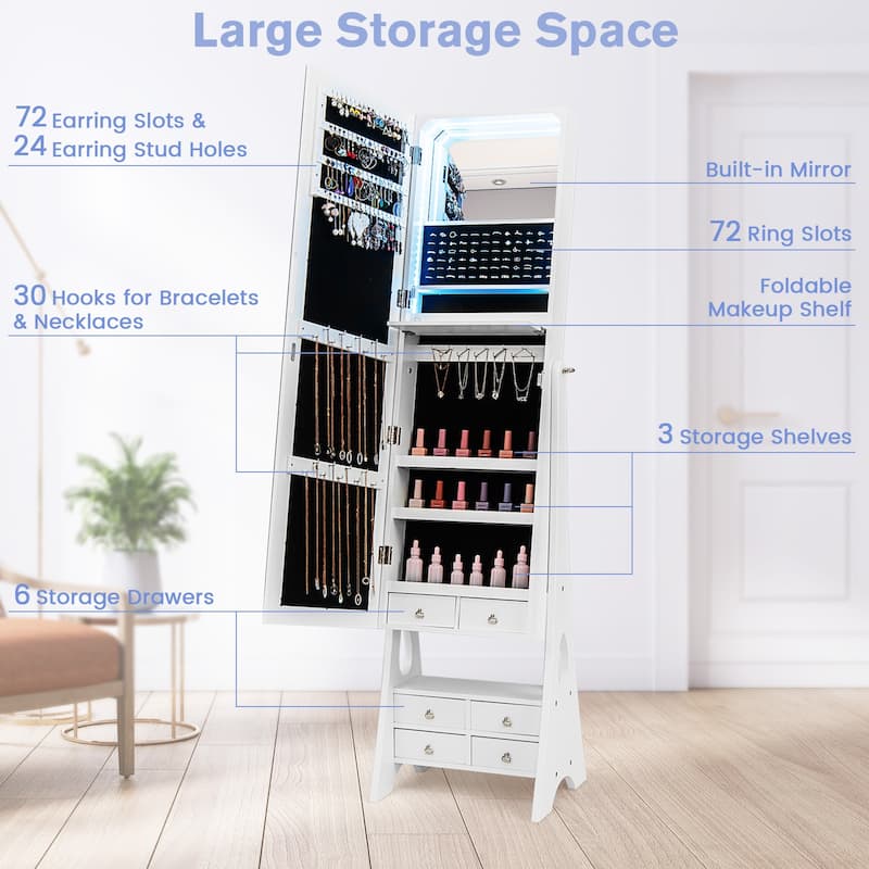 Gymax Jewelry Armoire w/ Full Length Mirror Freestanding Jewelry